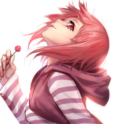 Rule 34 | 1girl, breasts, candy, eyelashes, eyeliner, food, from side, holding, hood, hood down, hoodie, lollipop, long sleeves, looking at viewer, looking to the side, luen kulo, makeup, medium breasts, original, parted lips, pink hair, shade, shaft look, shirt, short hair, simple background, sleeveless, sleeveless hoodie, solo, striped clothes, striped shirt, upper body, white background
