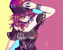 Rule 34 | 1girl, arm up, bad hands, bare shoulders, black choker, black shirt, blue background, blush, breasts, choker, cleavage, clothes writing, collarbone, commentary request, earrings, hair between eyes, hand on headwear, heart, hecatia lapislazuli, ichirugi, jewelry, long hair, looking at viewer, medium breasts, multicolored background, off-shoulder shirt, off shoulder, pink background, red eyes, red hair, ring, shirt, short sleeves, smile, solo, t-shirt, touhou, upper body, wristband, yellow background