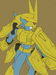 Rule 34 | armor, blue skin, brown background, colored skin, digimon, digimon (creature), digimon adventure 02, from behind, helm, helmet, highres, horns, looking at viewer, looking back, magnamon, manchi kansuke, no humans, red eyes, sideways glance, solo, standing, tail, white skin
