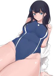 Rule 34 | absurdres, black hair, blue eyes, competition school swimsuit, competition swimsuit, cowboy shot, foreshortening, gridman universe, head tilt, highleg, highleg swimsuit, highres, legs together, long hair, looking at viewer, maruyaa (malya1006), one-piece swimsuit, parted bangs, school swimsuit, simple background, sitting, sketch, smile, solo, ssss.gridman, swimsuit, takarada rikka, thighs, unfinished, white background