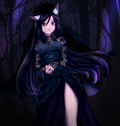 Rule 34 | 1girl, animal ears, black dress, border, breasts, bridal veil, brown hair, commentary, corset, dress, frilled dress, frills, highres, imaizumi kagerou, lace, lace-trimmed dress, lace border, lace sleeves, lace trim, long hair, looking at viewer, medium breasts, ornate border, red eyes, solo, tail, tenamaru, thigh gap, touhou, veil, wolf ears, wolf girl, wolf tail