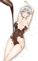 Rule 34 | 10s, 1girl, anastasia (idolmaster), arms up, bed sheet, blue eyes, blush, breasts, chocolate, chocolate on body, chocolate on breasts, cleft of venus, food on body, gradient background, highres, huge breasts, idolmaster, idolmaster cinderella girls, libre, looking at viewer, lying, naked chocolate, nude, on back, short hair, silver hair, smile, solo