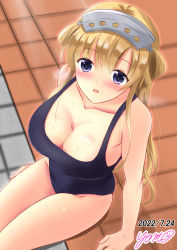 Rule 34 | 1girl, artist name, black one-piece swimsuit, blonde hair, blush, breasts, cleavage, collarbone, dated, day, double bun, fletcher (kancolle), hair between eyes, hair bun, hairband, highres, kantai collection, large breasts, long hair, looking at viewer, looking up, one-piece swimsuit, open mouth, outdoors, pool, purple eyes, school swimsuit, signature, sitting, solo, swimsuit, yomoymogi