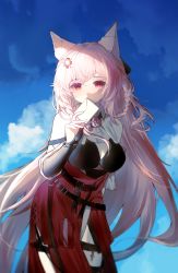 Rule 34 | 1girl, animal ears, arknights, black bra, black gloves, blue sky, bra, braid, breasts, covering own mouth, cowboy shot, envelope, fingerless gloves, gloves, hair ornament, hand up, highres, holding, holding envelope, leaning forward, long hair, looking at viewer, medium breasts, outdoors, pink eyes, pink hair, pozyomka (arknights), red skirt, skirt, sky, solo, thigh strap, underwear, very long hair, wolf ears, wolf girl, yueying su meng ling