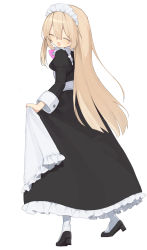 Rule 34 | 1girl, absurdres, alternate costume, apron, black dress, black footwear, blush, bow, bowtie, buran buta, closed eyes, curtsey, dress, enmaided, frilled apron, frilled dress, frills, from side, full body, hair between eyes, high heels, highres, long dress, maid, maid headdress, neptune (series), pink bow, pink bowtie, ram (neptunia), simple background, skirt hold, smile, solo, white apron, white background