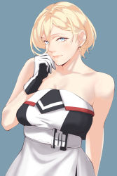 Rule 34 | belt, blonde hair, blue background, blue eyes, dress, gloves, hair between eyes, highres, kantai collection, long hair, mole, mole under eye, mole under mouth, richelieu (kancolle), shingyou (alexander-13), short hair, solo, strapless, strapless dress, two-tone dress, two-tone gloves