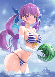 Rule 34 | 1girl, ahoge, bare shoulders, bikini, blue bikini, blue hair, blue ribbon, blue sky, blush, braid, breasts, cleavage, cloud, collarbone, colored inner hair, commentary request, cowboy shot, crystal shoujo, day, elbow gloves, food, from side, fruit, gloves, hair ribbon, highres, holding, holding food, hololive, large breasts, leaning forward, long hair, looking at viewer, looking to the side, minato aqua, minato aqua (hololive summer 2019), multicolored hair, navel, outdoors, purple eyes, purple hair, ribbon, sky, solo, stomach, striped bikini, striped clothes, sunlight, swimsuit, twintails, two-tone hair, very long hair, virtual youtuber, wading, water, watermelon, wet, white gloves
