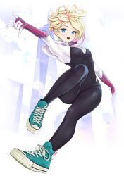 Rule 34 | 1girl, animification, artist name, blonde hair, blue eyes, bodysuit, building, chaesu, cityscape, full body, green footwear, gwen stacy, highres, hood, hood down, marvel, shoes, skin tight, skyscraper, sneakers, solo, spider-gwen, spider-man (series), spider-verse, spider web print, superhero costume