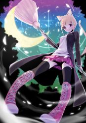 Rule 34 | 1girl, ama mitsuki, animal ears, blonde hair, boots, broom, brown eyes, cat ears, cat tail, coat, crescent moon, cross-laced footwear, from below, highres, knee boots, lace-up boots, moon, night, night sky, original, petals, pigeon-toed, pink footwear, school uniform, short hair, sidelocks, skirt, sky, solo, sweater, tail, thighhighs, zettai ryouiki