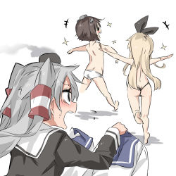Rule 34 | +++, 10s, 3girls, amatsukaze (kancolle), ass, back, bad id, bad twitter id, bare arms, bare legs, bare shoulders, barefoot, black eyes, black panties, blonde hair, blush, butt crack, dress, ebifurya, eyebrows, flying sweatdrops, grey hair, hair tubes, highleg, highleg panties, highres, holding, holding clothes, inactive account, kantai collection, long hair, long sleeves, multiple girls, open mouth, outstretched arms, panties, profile, sailor dress, shimakaze (kancolle), short hair, sidelocks, simple background, smoke, smokestack, sparkle, standing, sweatdrop, topless, two side up, underwear, white background, white panties, yukikaze (kancolle)