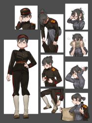 Rule 34 | 1girl, adjusting clothes, adjusting hair, adjusting headwear, adjusting legwear, arms behind head, arms up, army, belt, black headwear, black jacket, black pants, blush, breasts, brown eyes, brown footwear, buttons, closed eyes, commentary, dressing, english commentary, full body, gaiters, grey hair, hair tie, hand on headwear, hands in hair, hat, highres, holding, holding hair, imperial korean army, jacket, kepi, korea, korean commentary, korean empire, long sleeves, messy hair, military, military hat, military rank insignia, military uniform, mixed-language commentary, open mouth, open pants, original, pajamas, pants, pants lift, pants tucked in, ponytail, pzkpfwi, rose of sharon, rubbing eyes, simple background, sleepy, sleeves rolled up, solo, striped clothes, striped pajamas, tying hair, uniform, vertical-striped pajamas, waking up, yawning