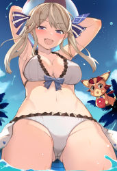 Rule 34 | 1girl, armpits, arms up, ball, beachball, bikini, blue ribbon, blush, breasts, brown hair, cleavage, collarbone, cucouroux (granblue fantasy), day, from below, granblue fantasy, hair ribbon, large breasts, long hair, looking at viewer, navel, nuko (mikupantu), open mouth, outdoors, palm tree, purple eyes, ribbon, sidelocks, smile, solo, striped ribbon, swimsuit, thighs, tree, vyrn (granblue fantasy), wading, water drop, white bikini