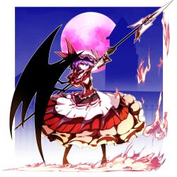 Rule 34 | 1girl, alternate costume, black gloves, breasts, corset, cross, dress, fence, fire, frilled dress, frills, from behind, full body, full moon, gloves, hat, hat ribbon, highres, holding, holding weapon, kikoka (mizuumi), large wings, layered dress, long sleeves, looking at viewer, looking back, mob cap, moon, night, night sky, purple eyes, purple fire, purple hair, red dress, red moon, remilia scarlet, ribbon, scarlet devil mansion, short hair, silhouette, sky, small breasts, smile, solo, spear the gungnir, striped clothes, striped gloves, touhou, weapon, white dress