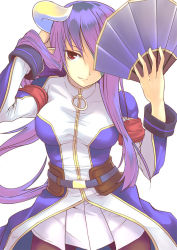 Rule 34 | 1girl, adjusting hair, belt, breasts, female focus, gradient hair, hand fan, horns, ibarahime shizuka, long hair, multicolored hair, nueco, pantyhose, pointy ears, purple hair, red eyes, shinrabanshou, simple background, solo, white background