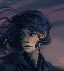 Rule 34 | 1girl, black eyes, black hair, commentary, english commentary, floating hair, highres, looking to the side, original, parted lips, portrait, sketch, smile, speedpaint, watermark, web address, yuumei