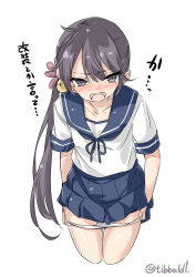 Rule 34 | 10s, 1girl, akebono (kancolle), bad id, bad twitter id, bell, blue ribbon, blue skirt, blush, collarbone, cowboy shot, cropped legs, ebifurya, eyebrows, flower, hair bell, hair between eyes, hair flower, hair ornament, highres, inactive account, kantai collection, long hair, looking at viewer, open mouth, panties, panty pull, pleated skirt, pulling own clothes, purple eyes, purple hair, ribbon, school uniform, serafuku, short sleeves, side ponytail, simple background, skirt, solo, tears, thigh gap, translation request, twitter username, underwear, very long hair, white background, white panties