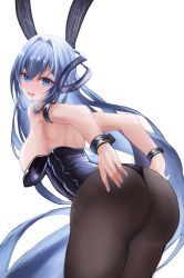 Rule 34 | 1girl, absurdly long hair, absurdres, animal ears, arm strap, ass, azur lane, black leotard, black pantyhose, blue eyes, blue hair, blue nails, breasts, fake animal ears, from behind, highleg, highleg leotard, highres, large breasts, leotard, long hair, looking at viewer, looking back, nail polish, new jersey (azur lane), new jersey (exhilarating steps!) (azur lane), official alternate costume, oversized breast cup, pantyhose, playboy bunny, rabbit ears, sazuna (user gepn5443), simple background, solo, strapless, strapless leotard, thighs, very long hair, white background