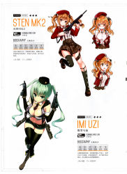 Rule 34 | 2girls, absurdres, aqua eyes, artist request, asymmetrical legwear, black legwear, blouse, blush, boots, breasts, brown eyes, brown hair, cleavage, cross-laced footwear, dual wielding, elbow gloves, full body, girls&#039; frontline, gloves, green eyes, gun, hat, highres, holding, holding weapon, jacket, knee boots, leg up, micro uzi (girls&#039; frontline), midriff, multiple girls, navel, necktie, non-web source, official art, open clothes, open jacket, pleated skirt, red hat, scan, scarf, shirt, shoes, shorts, simple background, skirt, sleeveless, smile, sten mkii (girls&#039; frontline), submachine gun, suspender skirt, suspenders, thigh strap, twintails, uneven legwear, united kingdom, weapon, white background, white shirt