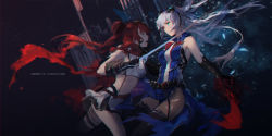 Rule 34 | 2girls, absurdres, alushe anatolia, arnas (yoru no nai kuni), artist name, asymmetrical legwear, belt, black gloves, black legwear, breasts, crop top, dress, elbow gloves, eye contact, eyewear on head, fighting, floating hair, from side, gloves, green eyes, heterochromia, highres, holding, holding sword, holding weapon, long hair, looking at another, medium breasts, midriff, miniskirt, multiple girls, open mouth, parted lips, red eyes, red hair, red scarf, scarf, sideboob, silver hair, skirt, sleeveless, sleeveless dress, stomach, swd3e2, sword, thighhighs, uneven legwear, weapon, yoru no nai kuni, yoru no nai kuni 2