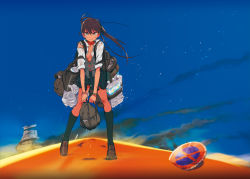 Rule 34 | 1girl, bag, bottle, brown eyes, brown hair, desert, highres, long hair, looking at viewer, mebae, open clothes, open vest, original, ponytail, sand, solo, torn clothes, vest, water bottle