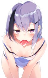 Rule 34 | 1girl, bare shoulders, blush, breasts, condom, condom in mouth, condom wrapper, hair between eyes, hair ornament, hairclip, highres, kinukawa chinatsu, leaning forward, looking at viewer, mouth hold, original, otokuyou, purple eyes, purple hair, simple background, smile, solo, strap slip, white background