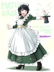 Rule 34 | 1girl, ahoge, alternate costume, apron, black footwear, black hair, character name, commentary request, dress, enmaided, flower, frilled apron, frills, full body, green dress, green eyes, hat, unworn hat, unworn headwear, high heels, kantai collection, looking at viewer, maid, maid headdress, matsukaze (kancolle), mini hat, one-hour drawing challenge, open mouth, short hair, smile, solo, swept bangs, tatsumi ray, top hat, wavy hair, white apron, white background