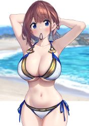 Rule 34 | 1girl, absurdres, armpits, arms up, baffu, beach, bikini, blue eyes, blue ribbon, blurry, blurry background, blush, breasts, brown hair, cleavage, closed mouth, collarbone, colored eyelashes, cowboy shot, day, depth of field, floral print, hair tie, halterneck, highres, hitoyo (baffu), large breasts, mouth hold, navel, ocean, original, outdoors, outside border, print bikini, ribbon, short hair, side-tie bikini bottom, skindentation, smile, solo, stomach, string bikini, swimsuit, thigh gap, tying hair, water, white bikini