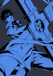Rule 34 | 1boy, black hair, blue theme, cigarette, collared shirt, commentary request, cowboy shot, cross, cross punisher, grey background, gun, highres, holding, holding gun, holding weapon, ike masato, jacket, large cross, limited palette, male focus, monochrome, nicholas d. wolfwood, pants, parted lips, shirt, short hair, simple background, solo, sunglasses, trigun, weapon