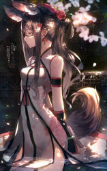 Rule 34 | 1girl, animal ears, arms behind back, black hair, book, closed eyes, detached sleeves, dress, earrings, extra ears, from side, glasses, hadean92, hair ornament, highres, jewelry, long hair, md5 mismatch, original, partially submerged, resolution mismatch, solo, source smaller, tail, wading, water