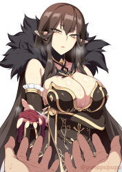 Rule 34 | 1girl, bare shoulders, black dress, blush, breasts, brown eyes, brown hair, cleavage, dress, fate/apocrypha, fate/grand order, fate (series), feather trim, fujimaru ritsuka (male), fur trim, highres, large breasts, long hair, looking at viewer, out of frame, outstretched arm, parted lips, pointy ears, puuzaki puuna, semiramis (fate), sidelocks, simple background, slit pupils, solo focus, sweat, very long hair, white background