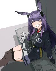 Rule 34 | 1girl, animal ears, arknights, black bow, black gloves, black jacket, black thighhighs, bow, breasts, clich51368861, closed eyes, cup, disposable cup, facing viewer, gloves, grin, hair bow, highres, jacket, long hair, long sleeves, purple hair, rabbit ears, rabbit girl, rope (arknights), simple background, sitting, smile, solo, thighhighs