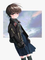 Rule 34 | 1girl, absurdres, bad id, bad twitter id, black jacket, blue skirt, blue sky, blush, brown eyes, brown hair, closed mouth, cloud, cloudy sky, cross, earrings, gishiki (gshk), highres, iron cross, jacket, jewelry, leather, leather jacket, long sleeves, looking at viewer, open clothes, open jacket, original, pin, pleated skirt, power lines, rising sun flag, short hair, skirt, sky, solo, sunburst, thighhighs