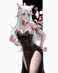 Rule 34 | 1girl, :d, alternate costume, alternate eye color, animal ears, aqua eyes, arknights, armlet, bare shoulders, black dress, breasts, cleavage, commentary, cowboy shot, dress, hair ornament, hairclip, highres, lappland (arknights), large breasts, notgustiarp, open mouth, scar, scar across eye, smile, solo, standing, strapless, strapless dress, thighs, white hair, wolf ears