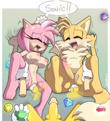 Rule 34 | 1girl, 2boys, absurdres, amy rose, anal, barefoot, bisexual male, blue eyes, breasts, chaos emerald, cum, cum in ass, cum in pussy, cum on body, cum on upper body, dialogue box, erection, fox boy, furry, gloves, grabbing sheets, green eyes, group sex, hairband, highres, large breasts, multiple boys, nude, orgasm, penis, pov, precum, pussy, senshionart, sex, smile, sonic (series), sonic the hedgehog, super sonic, tail, tails (sonic), testicles, threesome