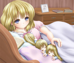 Rule 34 | 1girl, alice margatroid, alternate costume, bad id, bad pixiv id, bed, blonde hair, blue eyes, book, bow, chest of drawers, chibi, hair bow, looking at viewer, nightgown, open book, pajamas, photo (object), pillow, shanghai doll, short hair, short sleeves, sleeping, smile, solo, touhou, under covers, yosiaki