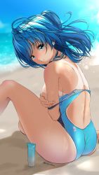Rule 34 | 1girl, aigami kaon, ass, back, bare back, bare shoulders, beach, blue eyes, blue hair, blue one-piece swimsuit, blush, breasts, clothes pull, competition swimsuit, flower, from side, garter-velvet, hair flower, hair ornament, highres, looking at viewer, lotion, medium hair, mole, mole on breast, mole under eye, ocean, one-piece swimsuit, one-piece swimsuit pull, one-piece tan, original, outdoors, ponytail, sand, sitting, small breasts, smile, solo, sunscreen, swimsuit, tan, tanline, thighs, twitter username, two-tone swimsuit, wet