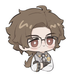 Rule 34 | 1boy, :&gt;, ai chi guobaoyou, black-framed eyewear, black gloves, brown eyes, brown hair, checkered necktie, chibi, closed mouth, cropped torso, crossed arms, glasses, gloves, grey vest, highres, horropedia, low ponytail, male focus, medium hair, necktie, reverse:1999, shirt, solo, upper body, vest, white background, white shirt