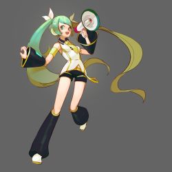 Rule 34 | 1girl, absurdres, aqua eyes, aqua hair, armlet, black shorts, blonde hair, breasts, collared shirt, cosplay, full body, fusion, gradient hair, grey background, hair ornament, hairclip, hatsune miku, headphones, highres, holding, holding megaphone, kagamine rin, kagamine rin (cosplay), long hair, medium breasts, megaphone, multicolored hair, necktie, open mouth, shirt, shorts, simple background, sleeveless, smile, solo, standing, standing on one leg, topdylan, twintails, very long hair, vocaloid, yellow necktie