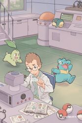 Rule 34 | 1boy, absurdres, book, brown eyes, brown hair, chair, chikorita, coat, collared shirt, commentary, creatures (company), cyndaquil, desk, dukehooverart, elm (pokemon), game freak, gen 2 pokemon, glasses, green shirt, highres, holding, indoors, looking down, male focus, nintendo, open clothes, open coat, paper, parted lips, poke ball, poke ball (basic), pokemon, pokemon (creature), pokemon hgss, shirt, short hair, signature, sitting, starter pokemon trio, tile floor, tiles, totodile, white coat, window