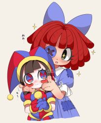 Rule 34 | 2girls, asymmetrical gloves, blue eyes, blue gloves, blush stickers, brown hair, colored skin, gloves, hat, highres, jester cap, mismatched gloves, multicolored eyes, multiple girls, pomni (the amazing digital circus), puffy short sleeves, puffy sleeves, ragatha (the amazing digital circus), red eyes, red gloves, red hair, short hair, short sleeves, the amazing digital circus, white skin, yawaraka meteor