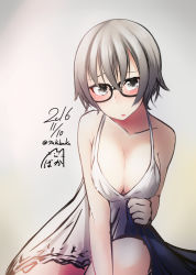 Rule 34 | 1girl, :o, arm support, bad id, bad pixiv id, black-framed eyewear, breasts, chemise, cleavage, collarbone, dated, glasses, gradient background, green eyes, grey hair, large breasts, looking at viewer, nekobaka, nightgown, signature, sitting, solo, twitter username