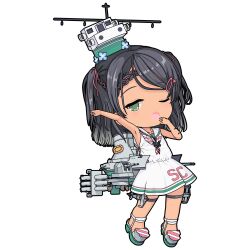 Rule 34 | 1girl, black eyes, black hair, braid, child, dress, full body, kantai collection, machinery, mole, mole under eye, neckerchief, one-take, one eye closed, open mouth, rigging, rudder footwear, sailor collar, sailor dress, scirocco (kancolle), short hair, sleeveless, sleeveless dress, solo, turret, two side up, white dress, white sailor collar
