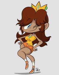 Rule 34 | 1girl, blue eyes, breasts, brown hair, crown, dark-skinned female, dark skin, hands on own hips, highres, jaq-art, large breasts, mario (series), mario golf, mario tennis, nintendo, one eye closed, princess daisy, shoes, shorts, skindentation, smile, sneakers, thick thighs, thighs, wink
