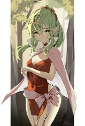 Rule 34 | absurdres, breasts, choker, cleavage, fire emblem, fire emblem awakening, green eyes, green hair, highres, looking at viewer, parted lips, pointy ears, small breasts, solo, thighs, tiki (fire emblem)