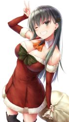 Rule 34 | 10s, 1girl, aqua eyes, aqua hair, arm warmers, bare shoulders, black thighhighs, breasts, christmas, christmas tree hair ornament, cleavage, collarbone, cowboy shot, detached collar, dress, fingernails, from above, green eyes, green nails, grin, hair ornament, hairclip, highres, kantai collection, large breasts, long hair, looking at viewer, nail polish, neckerchief, one eye closed, red dress, sack, simple background, smile, solo, suien, suzuya (kancolle), thighhighs, upper body, v, white background