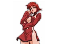 Rule 34 | 1girl, breasts, cleavage, hikari to mizu no daphne, honjou rena, large breasts, looking at viewer, no bra, red hair, short hair, side slit, simple background, solo, white background