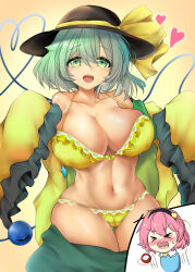 Rule 34 | 2girls, absurdres, black hairband, black headwear, bra, breasts, cleavage, commentary request, green eyes, green hair, hairband, hat, hat ribbon, heart, heart of string, highres, komeiji koishi, komeiji satori, large breasts, multiple girls, navel, open clothes, open mouth, open shirt, orange background, panties, pink hair, poke200, ribbon, shirt, short hair, siblings, sisters, solo focus, speech bubble, textless version, third eye, touhou, translation request, underwear, variant set, yellow bra, yellow panties, yellow ribbon, yellow shirt