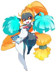 Rule 34 | 1girl, armband, bad id, bad tumblr id, breasts, cheerleader, colored sclera, domino&#039;s pizza, highres, logo, long hair, low-tied long hair, midna, neon trim, nintendo, no headwear, open mouth, pointy ears, pom pom (cheerleading), ponytail, product placement, red eyes, simple background, slugbox, small breasts, solo, the legend of zelda, the legend of zelda: twilight princess, thick thighs, thighs, very long hair, wide hips, yellow sclera