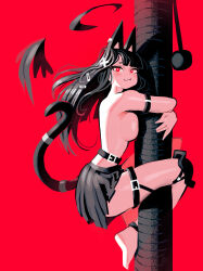 Rule 34 | :3, andaerz, animal ears, arm strap, armlet, bare shoulders, barefoot, belt, black belt, black hair, black skirt, blunt bangs, blush, breasts, cat ears, cat girl, cat tail, closed mouth, from side, full body, hair between eyes, hair ornament, highres, hug, knee pads, large breasts, long hair, looking at viewer, miniskirt, original, red background, red eyes, simple background, skirt, smile, solo, tail, tail raised, thigh strap, topless, x hair ornament