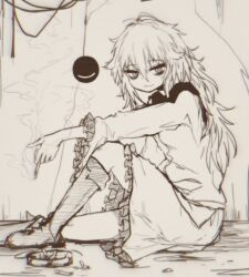Rule 34 | 1girl, bags under eyes, blouse, boots, cigarette, cross-laced footwear, eyeball, frilled shirt collar, frilled skirt, frilled sleeves, frills, full body, greyscale, holding, holding cigarette, knee boots, komeiji koishi, long hair, long sleeves, looking at viewer, messy hair, monochrome, no headwear, on floor, reverinth, shirt, sitting, skirt, smile, solo, third eye, touhou, wavy mouth